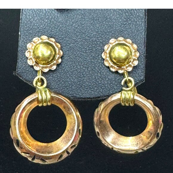 Vtg Hoop Van Dell 12K Gold Filled ClipOn Screwback Earrings Etched Flower Dangle - Picture 2 of 6